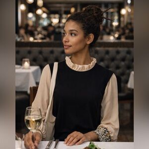 ✨Dixie Italian Brand✨ Black Blouse w Blush Chiffon Sleeves embroidered cuffs MED